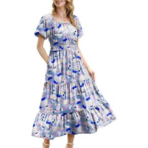 YESNO Women's 2023 Summer Casual Floral Dress Square Neck Puff Short Sleeve Cinched Waist Maxi Dress with Pockets E11