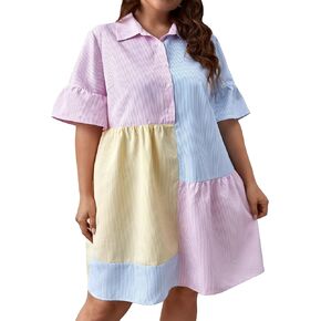Floerns Women's Color Block Printed Short Sleeve Button Front Striped Shift Dress