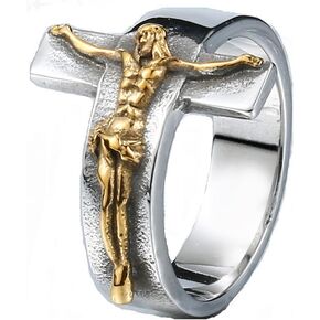 JAJAFOOK Men's Vintage Stainless Steel Jesus Cross Band Crucifix Ring,Silver Gold