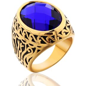 Jewellery Vintage Mens Stainless Steel CZ Ring Gold Biker Celtic Band Blue Round Stone