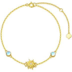sisgem 14k الذهب الحقيقي سوار الشمس للنساء، الذهب الأصفر خلق Moonstone الشمس قطرة أساور القمر اليد رابط مجوهرات عيد الميلاد هدايا عيد ميلاد للزوجة صديقة 6.5 ''+ 2''