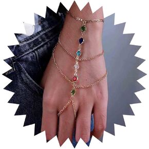 Boho Layered Finger Ring Bracelet Gold Hand Chain Harness Bracelet Colorful Crystal Finger Chain Bracelet Slave Bracelet Rainbow Crystal Ring wrist Bracelet Jewelry for Women and Girls