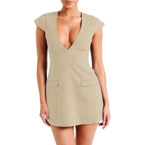 Fisoew Womens Sleeveless Blazer Dress Deep V Neck Cap Sleeve Sexy Slim Fitted Mini Dress