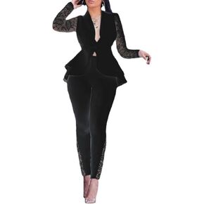 Jianono Women's Deep V Neck Ruffle Blazer Two Piece Outfits Sets Long Sleeve Long Pants Bodycon Business Suit Set