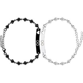 2PC/Set Stainless Steel Love Heart Link Chain Bracelet Set Infinity Couple Bracelet Bangle Wrist Adjustable for Lover Friendship