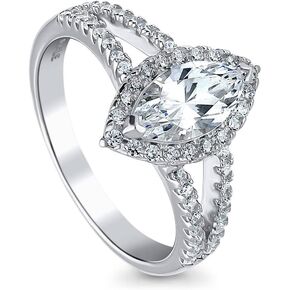 BERRICLE Sterling Silver Halo Wedding Engagement Rings Marquise Cut Cubic Zirconia CZ Promise Split Shank Ring for Women, Rhodium Plated Size 4-10