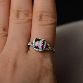 Eternity Ring for Women Mystic Topaz Wedding Engagement Infinite Band 8mm Princess Cut Simulated Mystic Rainbow Gemstone 925 Sterling Silver Cubic Zirconia Promise Ring(8#)