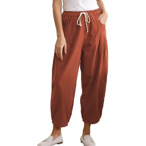 Minibee Womens Casual Pants Wide Leg Baggy Tapered Capri Drawstring Elastic Waist Ankle Trousers with Pockets