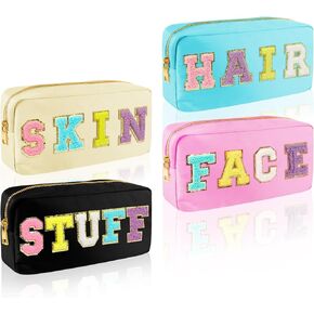 4 Pcs Preppy Chenille Letter Makeup Bag,Nylon Zipper Waterproof Preppy Stuff Bag,Cosmetic Travel Organizer Bag for Women Teen Girl（Pink,Blue,White,Black）
