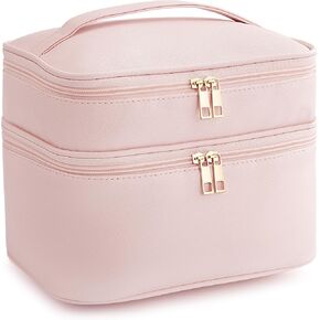 HBlife Double Layer Travel Makeup Bag Portable Cute Leather Cosmetic Bag Large Make Up Bag Makeup Case Organizer Toiletry Bag for Women Girls with Handle and Removable Divider(Beige)
