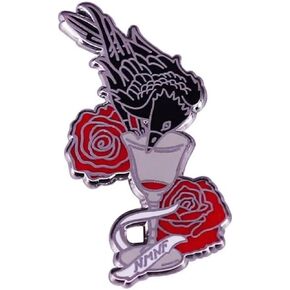 شارة دبوس مطلية بالمينا بعبارة No Mourners No Funerals Goth Gothic Black Crow Drink Wine Glass Red Rose Six of Crows 1.25 بوصة