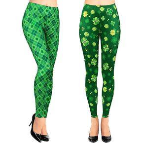 2 Pairs St. Patrick's Day Women Shamrock Leggings Irish Ankle Elastic Tights Legging High Waist Womens Leggings Trendy Design Workout Leggings for Girls Yoga Workout, 2 Styles Green