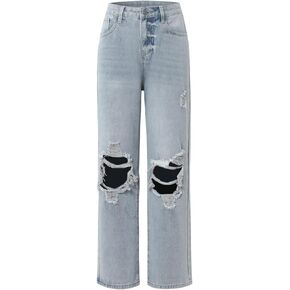 Women's Casual Loose Washed Jeans with Old Holes in The Middle Waist