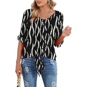 SUEANI Women's Tie Front Tops Roll Up Sleeve V Neck Chiffon Blouse Casual Work Shirt