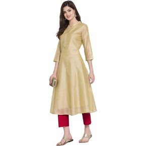 Rangavali Indian Chanderi Silk Beige Golden Anarkali Kurta for Women | 3/4 Sleeves, Round Neck, Ankle Length | Single Kurta