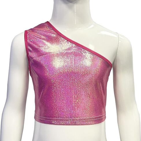 Kids Girls One-Shoulder Athletic Dance Crop Tops Sequins Jazz Sport Workout Tank Tops Dancewear in Saudi Arabia