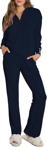 Herseas النساء سترة مجموعة 2 قطعة وتتسابق طويلة الأكمام متماسكة التلبيب الخامس الرقبة القمم عالية الخصر بنطال ذو قصة أرجل واسعة صالة مجموعات in Kuwait