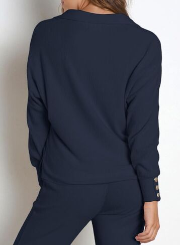 Herseas النساء سترة مجموعة 2 قطعة وتتسابق طويلة الأكمام متماسكة التلبيب الخامس الرقبة القمم عالية الخصر بنطال ذو قصة أرجل واسعة صالة مجموعات in Kuwait