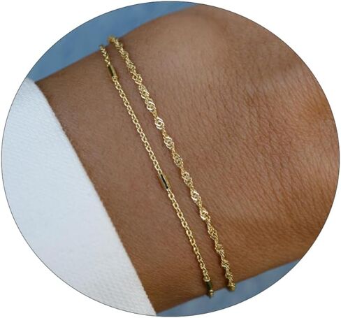 SUFOPE Dainty Bracelets for Women, 14k Gold Plated/Silver Layered Charms Bracelet Herringbone Satellite Beads Box Rope CZ Bracelet Adjustable Cuba Link Chain Bracelet Set Jewelry Gifts in Saudi Arabia
