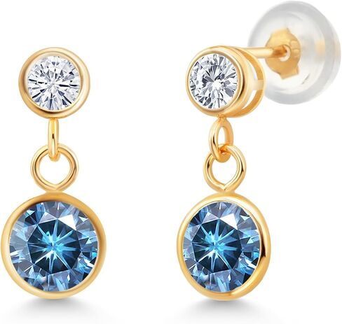 14k Yellow Gold Persian Blue Moissanite and White Moissanite From Charles & Colvard 2 Stone Dangle Stud Earrings For Women (1.80 Cttw, Gemstone, Round 6MM, Round 3MM) in Saudi Arabia