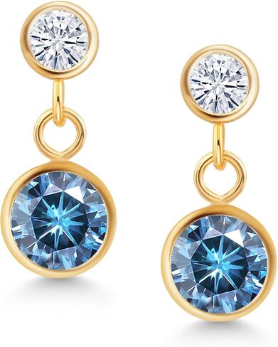 14k Yellow Gold Persian Blue Moissanite and White Moissanite From Charles & Colvard 2 Stone Dangle Stud Earrings For Women (1.80 Cttw, Gemstone, Round 6MM, Round 3MM) in Saudi Arabia