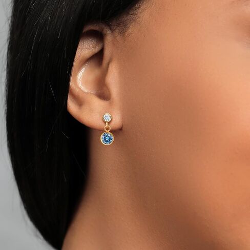 14k Yellow Gold Persian Blue Moissanite and White Moissanite From Charles & Colvard 2 Stone Dangle Stud Earrings For Women (1.80 Cttw, Gemstone, Round 6MM, Round 3MM) in Saudi Arabia