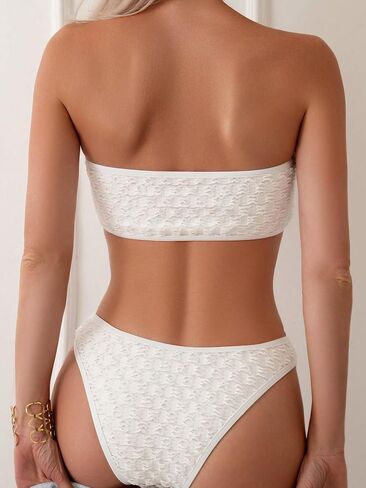 WDIRARA Women's Strapless Bikini Set Textured Swimsuit Two Piece Bandeau Bathing Suit in Saudi Arabia