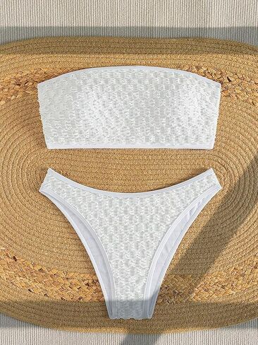 WDIRARA Women's Strapless Bikini Set Textured Swimsuit Two Piece Bandeau Bathing Suit in Saudi Arabia