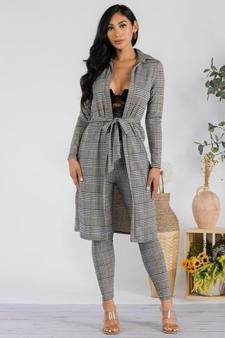 Stylish FABRIC womens Women's Plaid Print Long Sleeve Cardigans/Cover Ups and High Waisted Pants Casual Outfit 2 Piece Set in Kuwait