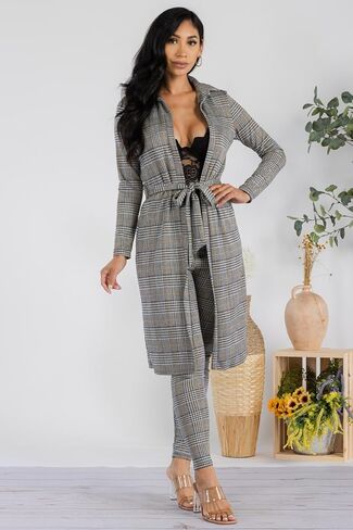 Stylish FABRIC womens Women's Plaid Print Long Sleeve Cardigans/Cover Ups and High Waisted Pants Casual Outfit 2 Piece Set in Kuwait