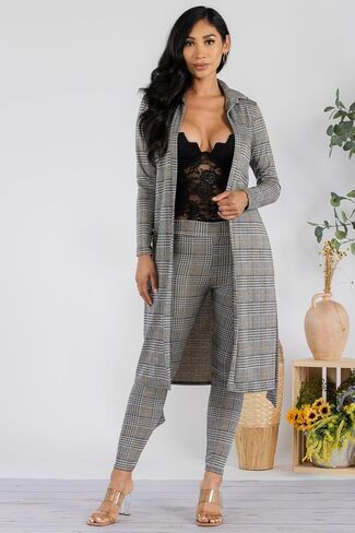 Stylish FABRIC womens Women's Plaid Print Long Sleeve Cardigans/Cover Ups and High Waisted Pants Casual Outfit 2 Piece Set in Kuwait
