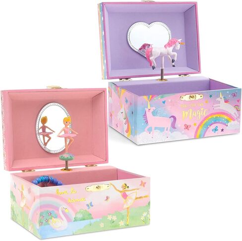 صندوق تخزين المجوهرات الموسيقية للفتيات من Jewelkeeper مع راقصة الباليه الدوارة وقوس قزح ورقائق ذهبية مع صندوق تخزين المجوهرات الموسيقية للفتيات مع تصميم وحيد القرن الدوار، تصميم يونيكورن حلوى القطن in Kuwait
