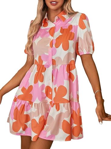 Floerns Women's Color Block Printed Short Sleeve Button Front Striped Shift Dress in Saudi Arabia