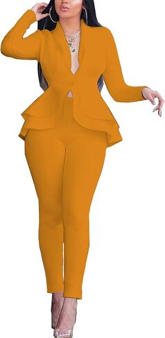 Jianono Women's Deep V Neck Ruffle Blazer Two Piece Outfits Sets Long Sleeve Long Pants Bodycon Business Suit Set in Saudi Arabia