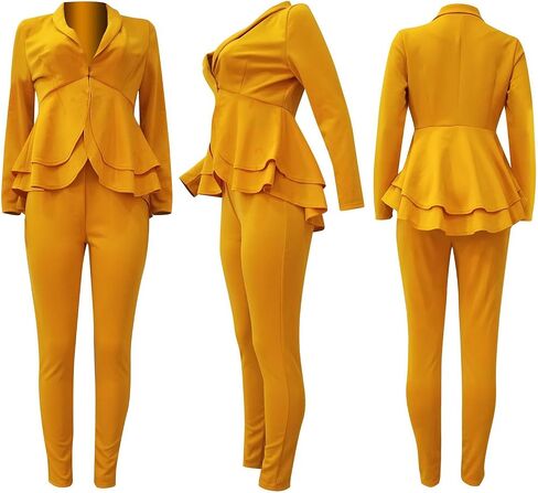 Jianono Women's Deep V Neck Ruffle Blazer Two Piece Outfits Sets Long Sleeve Long Pants Bodycon Business Suit Set in Saudi Arabia