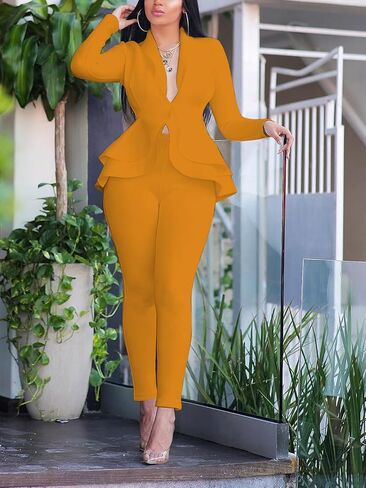 Jianono Women's Deep V Neck Ruffle Blazer Two Piece Outfits Sets Long Sleeve Long Pants Bodycon Business Suit Set in Saudi Arabia