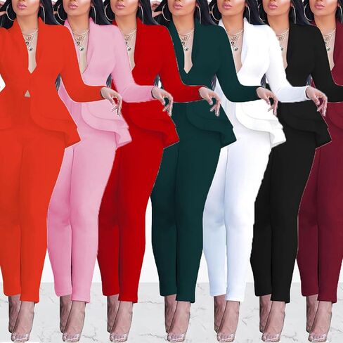 Jianono Women's Deep V Neck Ruffle Blazer Two Piece Outfits Sets Long Sleeve Long Pants Bodycon Business Suit Set in Saudi Arabia