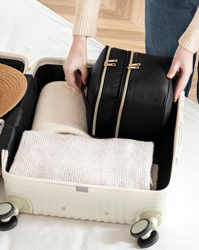 حقيبة مكياج للسفر من HBlife بطبقة مزدوجة محمولة لطيفة من الجلد حقيبة مستحضرات تجميل كبيرة حقيبة مكياج منظم حقيبة أدوات الزينة للنساء والفتيات مع مقبض ومقسم قابل للإزالة (أسود) in Kuwait