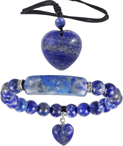 TUMBEELLUWA Healing Lapis Lazuli Crystal Stone Heart Charm Jewelry Set Crystal Energy Stretch Bracelet and Adjustable Carved Stone Heart Shape Pendant Necklace in Saudi Arabia
