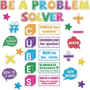 41Pcs Math Bulletin Board Set Cubes Math Keywords Paper Cutouts Problem Solving Bulletin Board Cutouts Math Posters for Classroom School Wall Home Elementary Preschool Teacher Supplies
