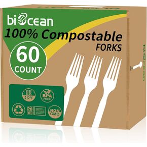 100% Compostable Forks 60 Count Disposable Forks Heavy Duty Utensils Set Fork Silverware Eco Friendly Flatware Plastic Free for Party Camping Picnics Wedding-Ivory White