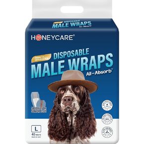Honeycare Disposable Male Wraps for Senior Dogs, Large Size, 40 Count, Super Absorbent, Breathable, Wetness Indicator, Super Deodorization, Cute Suit Suspenders Design