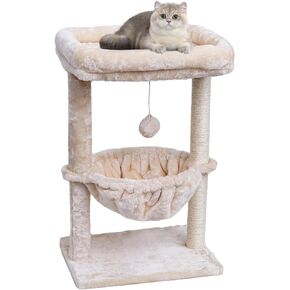 SYANDLVY Small Cat Tree for Indoor Cats, Activity Cat Tower with Scratching Post for Kittens, Cat Furniture with Basket & Hanging Ball for Play Rest