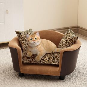 Dog Sofa Bed for Small Dogs, Supportive Foam Dog Couch with Washable Cushion and Anti-Skid Pads, Pet Sofa for Cats, Modern Pet Couch with Low Back, Puppy Bed & Chair, Leopard Pattern