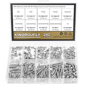 142 Pieces #10-24x 5/16", 3/8", 1/2", 5/8", 3/4", 1", 1-1/4", 1-1/2", Phillips Countersunk Head Machine Screws Nuts Washers Assortment Kit, 304 Stainless Steel, Fully Machine Thread