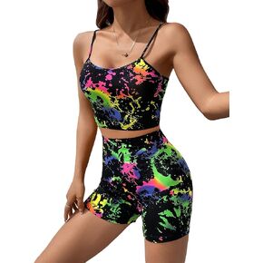 GORGLITTER Women's 2 Piece Outfits Splash Ink Print Spaghetti Strap Sleeveless Cami Top and Biker Shorts Set