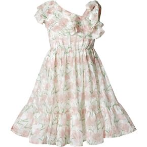Girls Floral Dress One Shoulder Ruffle Sleeves Summer Casual Dress Pink Tulip 3-9 Y