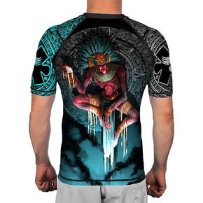 Men's Aztec Lord of The Underworld Mictlantecuhtli Short Sleeve BJJ Rash Guard MMA Black
