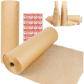Honeycomb Packing Paper, 15" x 400' Friendly Honeycomb Wrapping Paper for Packing and Moving, Recyclable Bubble Cushioning Wrap for Protecting Fragile Items, Packing Material with 24 Fragile Stickers