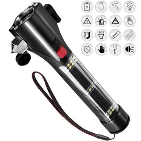 Solar Powered Car Safety Hammer Flashlight with Seatbelt Cutter, LED High Lumens, Red and Blue SOS Flashing, USB Charging, Magnetic Attraction, Portable Design